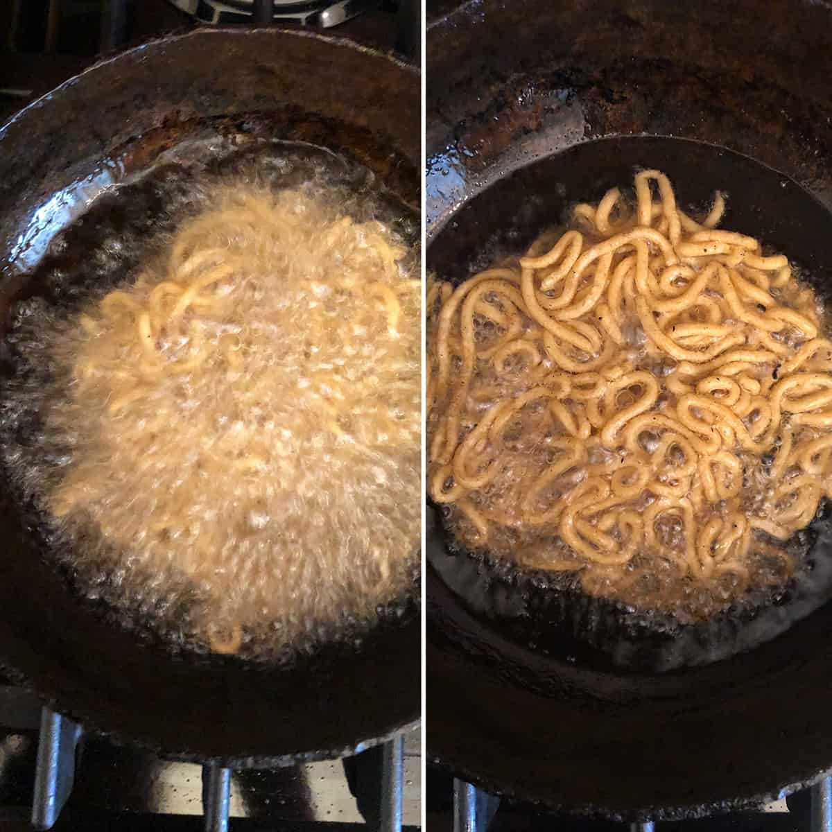 Side by side photos showing the deep frying of janthikalu