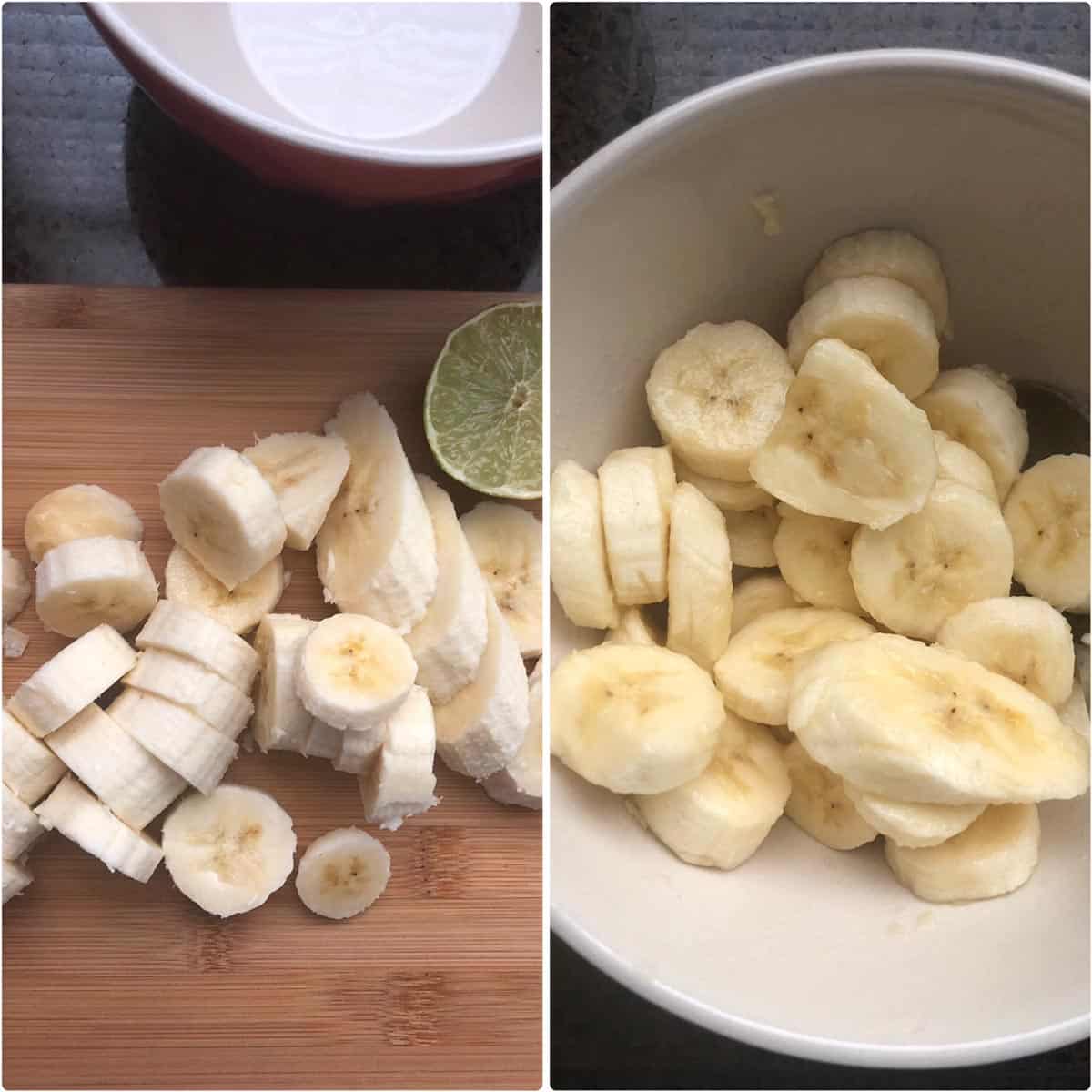 Chopped bananas tossed with lemon juice