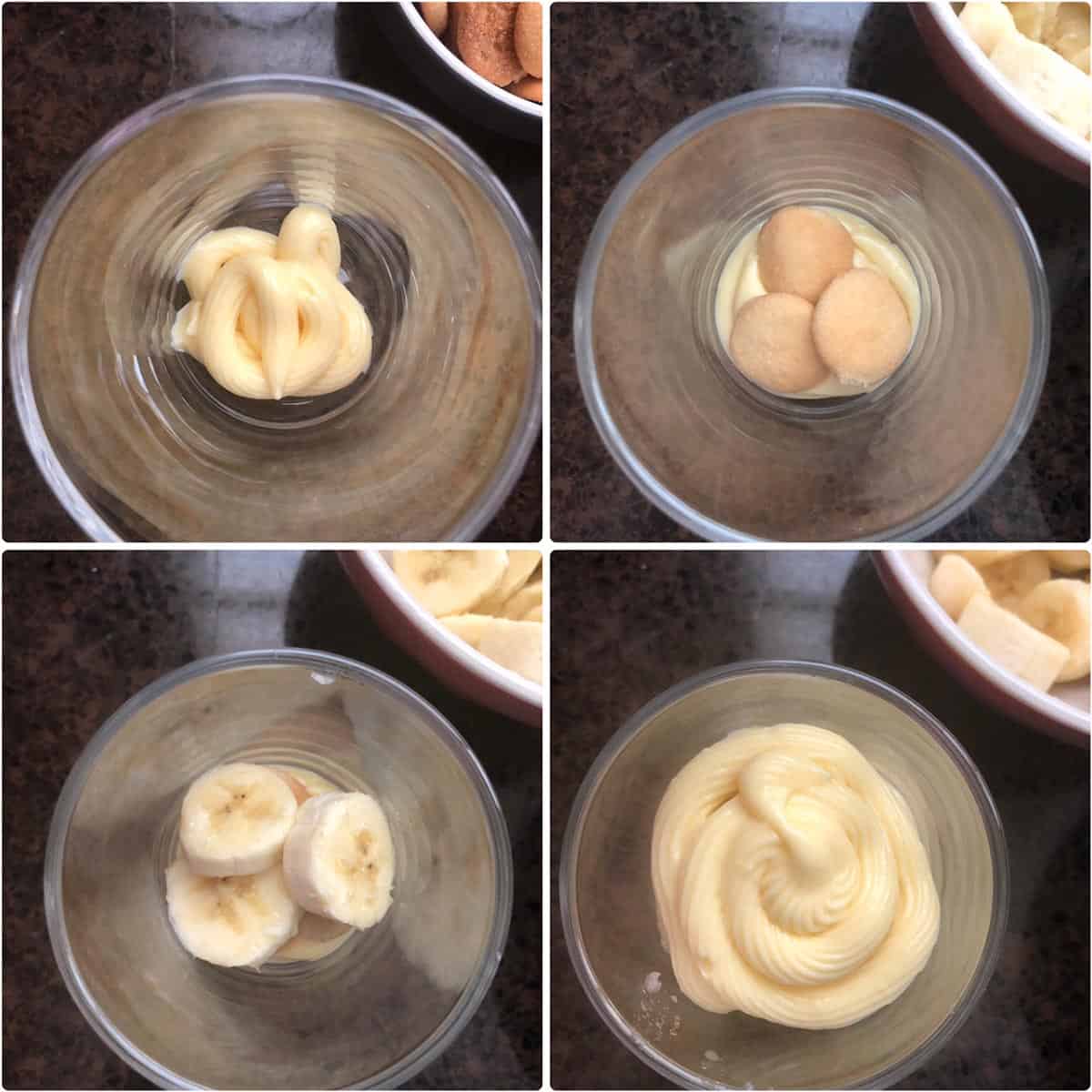 Layering vanilla pudding, wafers and bananas in a cup