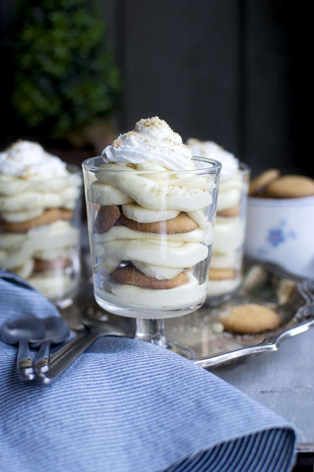 Glass serving cup with no bake banana pudding