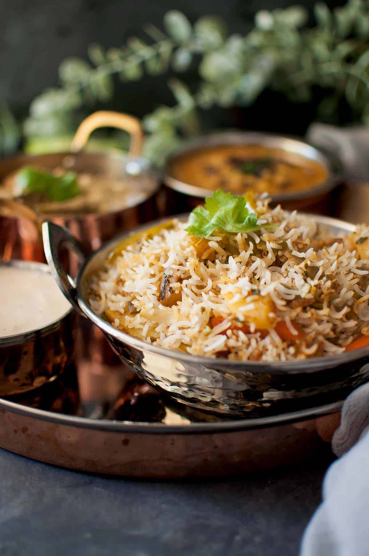 Steel plate with vegetable biryani