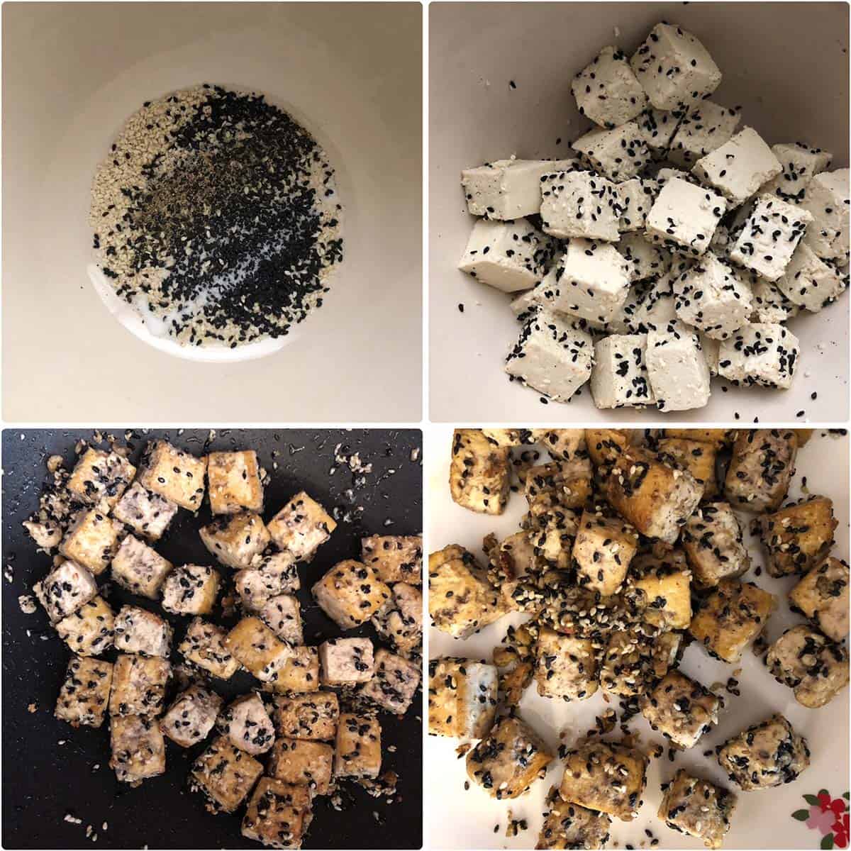 4 panel photo showing the making of sesame tofu.