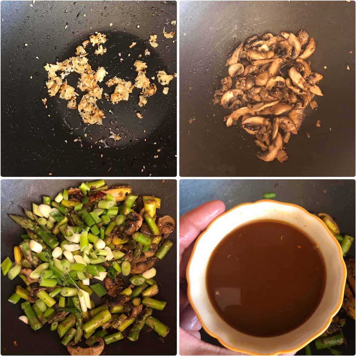 4 panel photo showing the sauteing of veggies and adding sauce to nonstick wok.