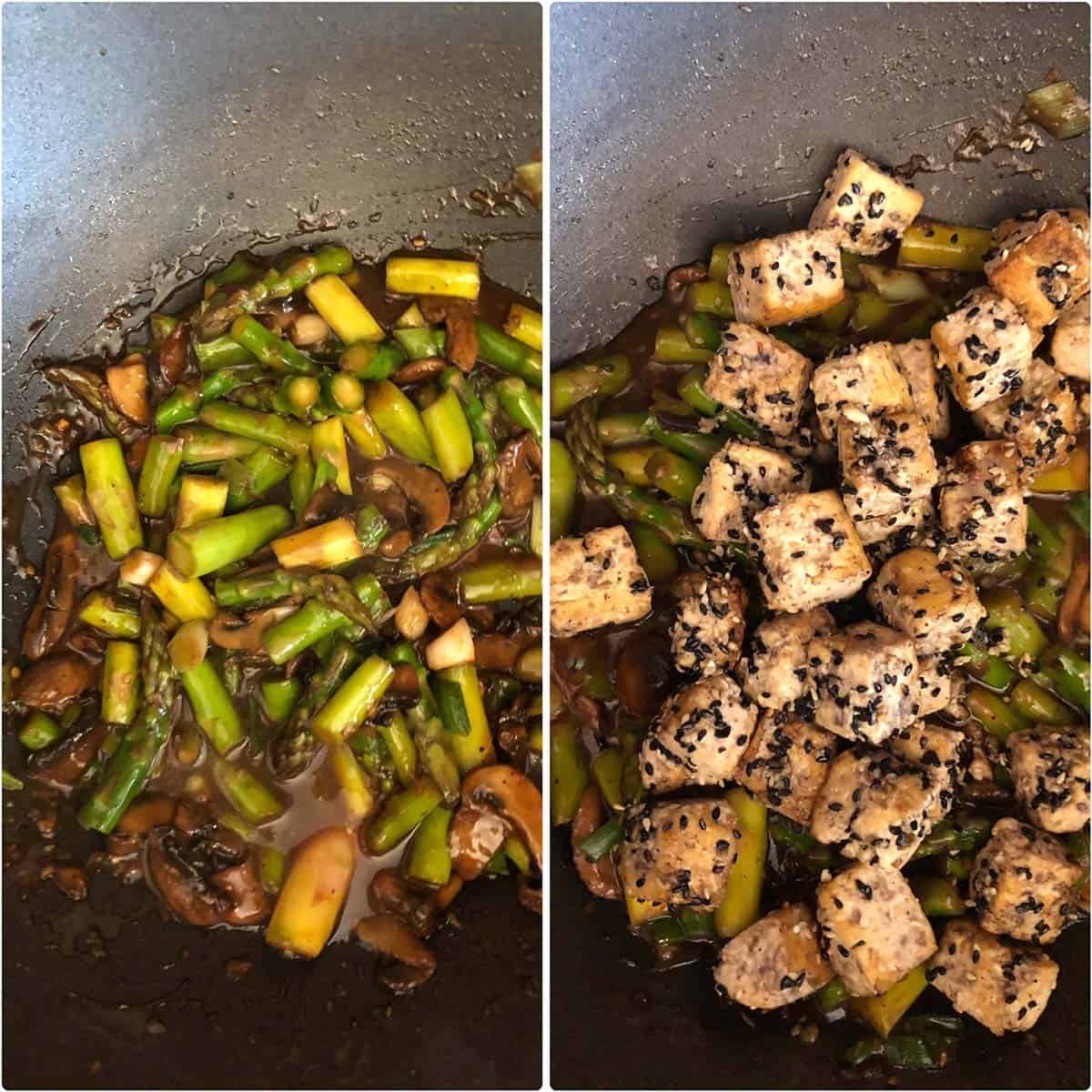 2 panel photo showing the making of the stir fry recipe.