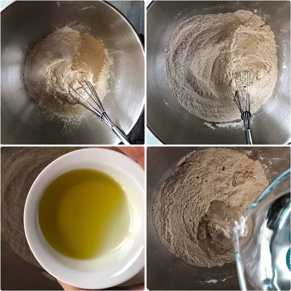 4 panel photo showing the mixing of dough ingredients in steel bowl.
