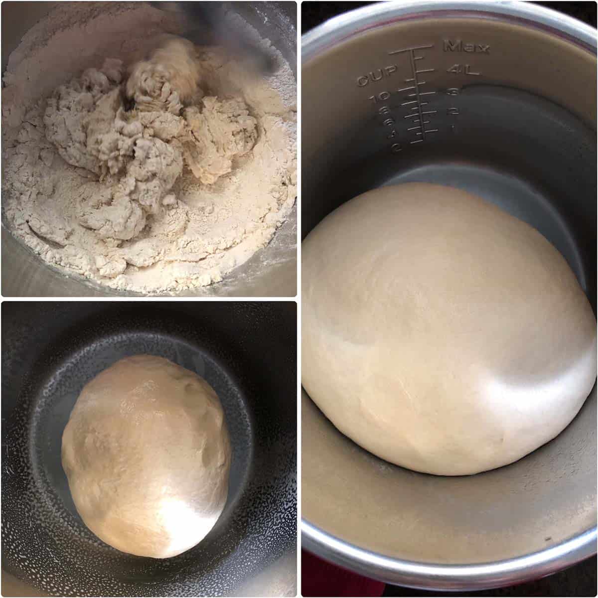 3 panel photo showing the making of the dough and after first rise.