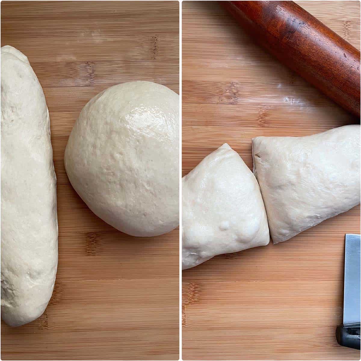 2 panel photo showing the dough divided into two.