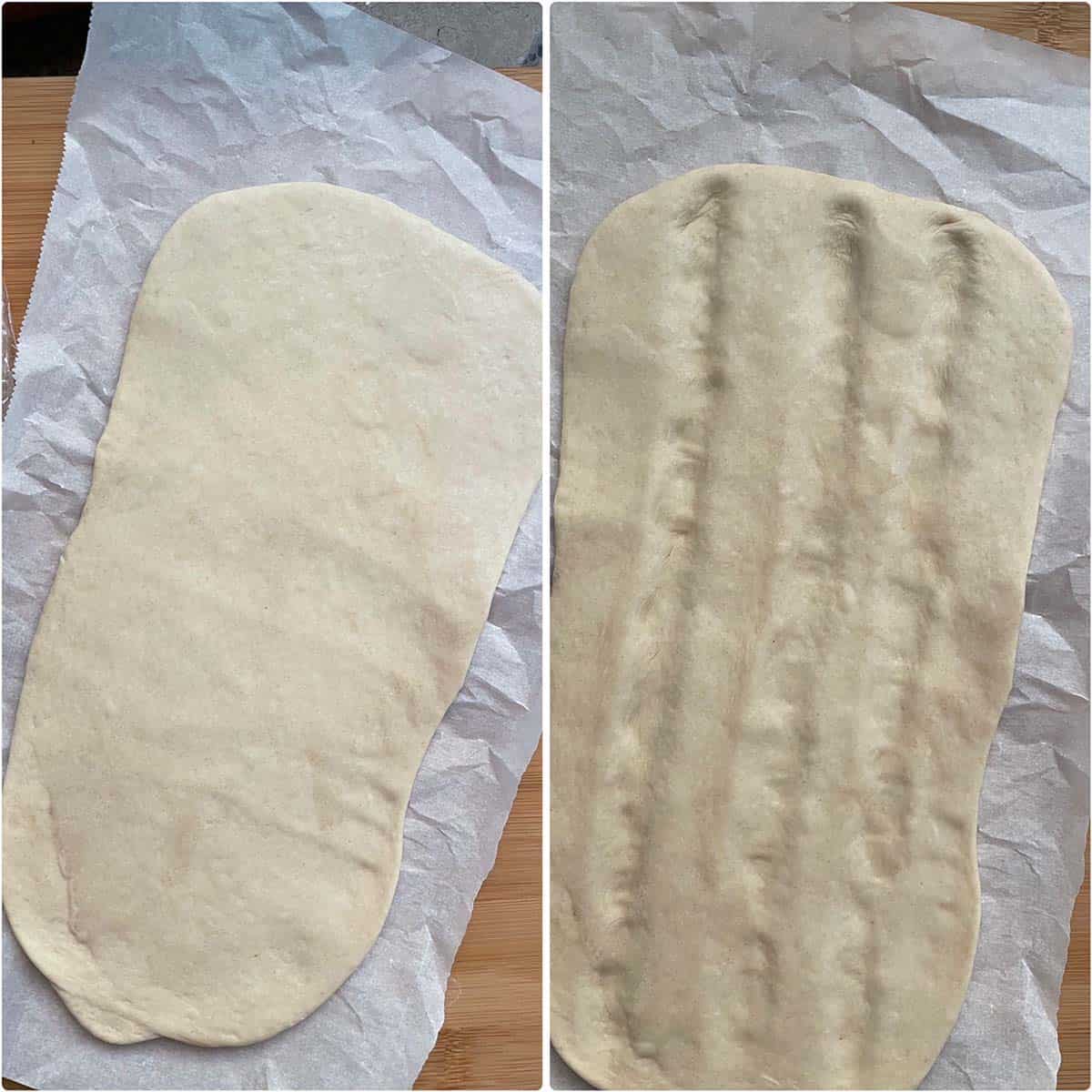 2 panel photo showing the shaping of the bread.