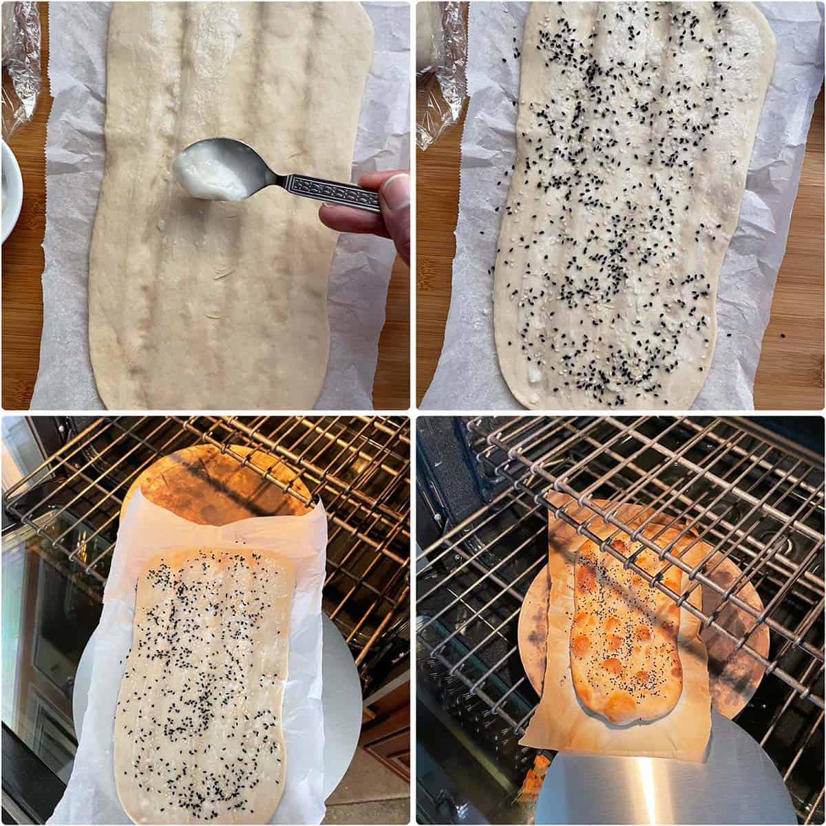 4 panel photo showing the brushing of dough with roomal and baking in the oven.