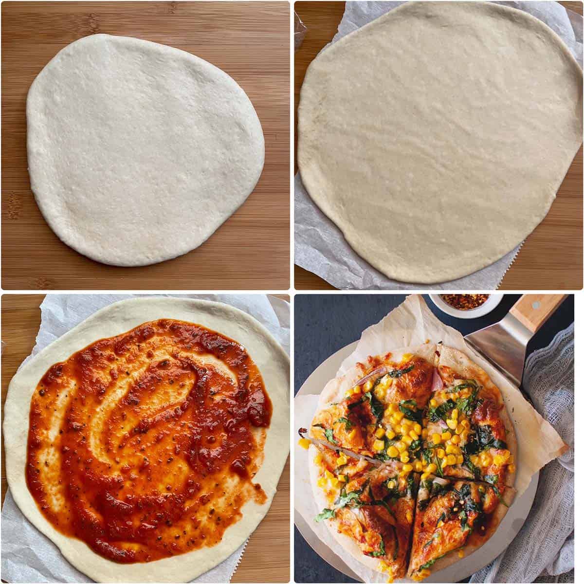 4 panel photo showing the making of vegetable pizza.