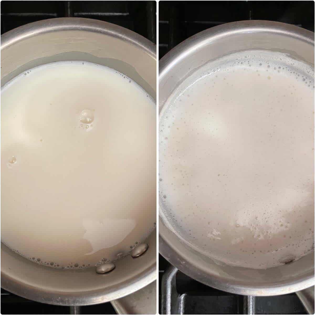 2 panel photo showing the simmering of sweet milk mixture.