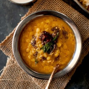Top view of Hyderabadi lentil stew topped with tadka