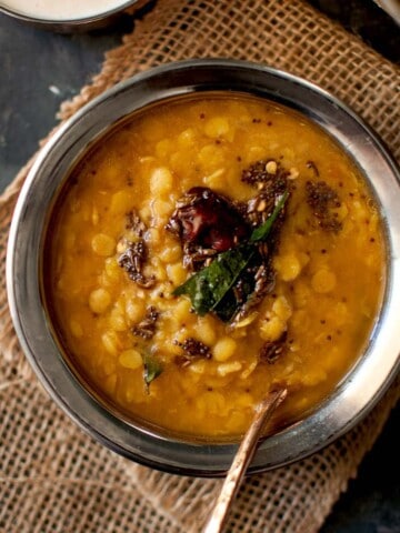 Top view of Hyderabadi lentil stew topped with tadka