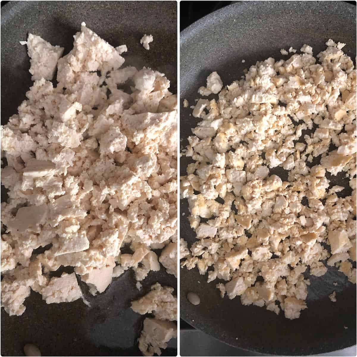 Side by side photos of crumbled tofu cooked till golden brown