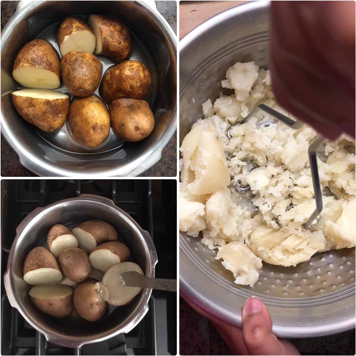 Boiled potatoes, mashed in a steel bowl