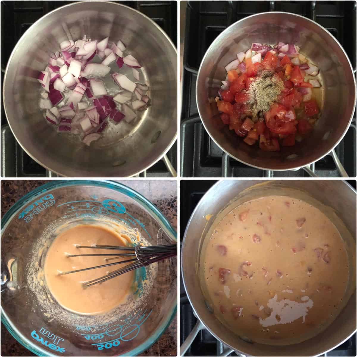 Cooking onions, tomatoes and peanut butter to make the sauce