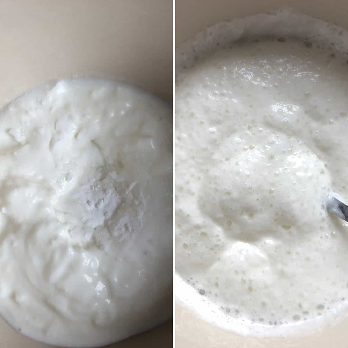 Baking soda added to yogurt and the frothy mixture.