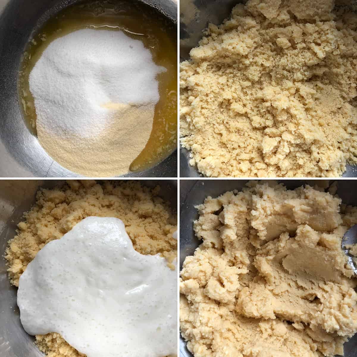 Mixing dry and wet ingredients for the semolina cake and spreading in the baking pan.