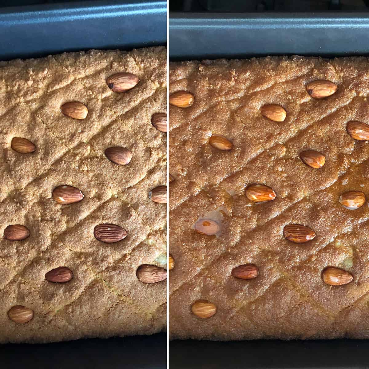 Side by side photo of baked cake before and after soaked with sugar syrup.