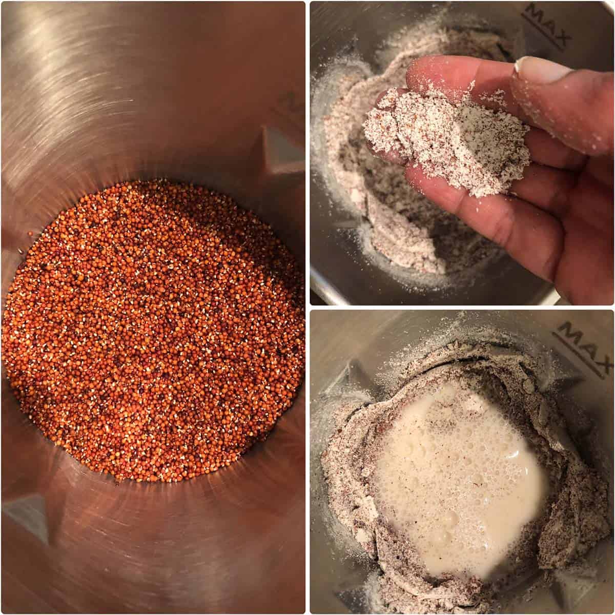 3 panel photo showing the blending of finger millet.