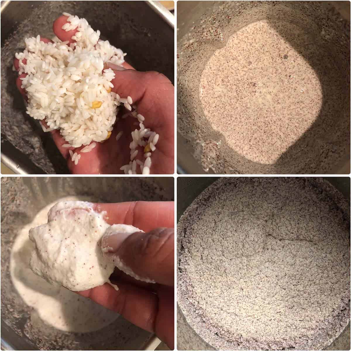 4 panel photo showing the blending of urad dal and rice into a smooth batter.