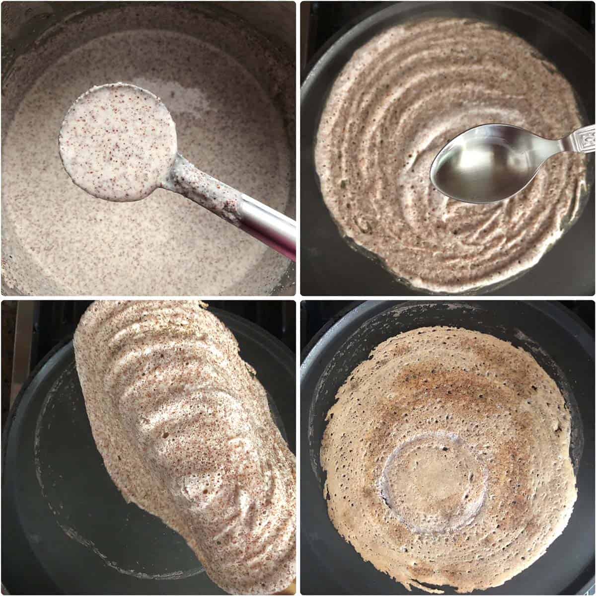 4 panel photo showing the cooking dosa on a pan.