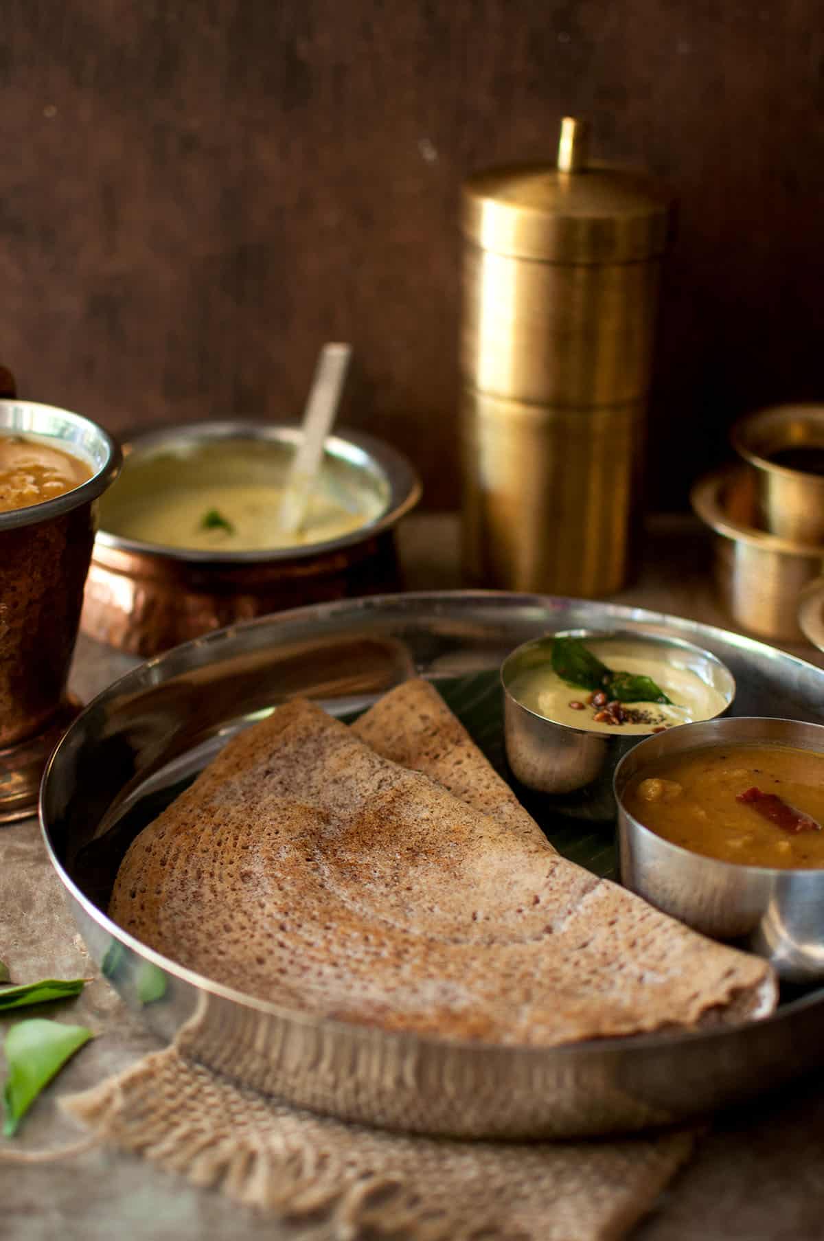 Steel plate with finger millet dosa.