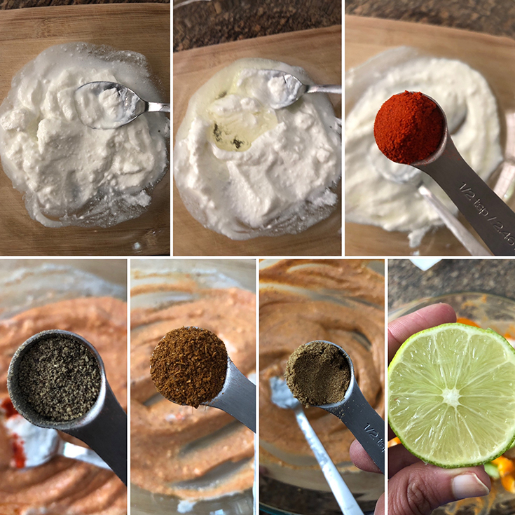 Photos showing the ingredients needed for marinade - non-dairy yogurt, oil, chili powder, pepper. garam masala, black pepper, lemon juice