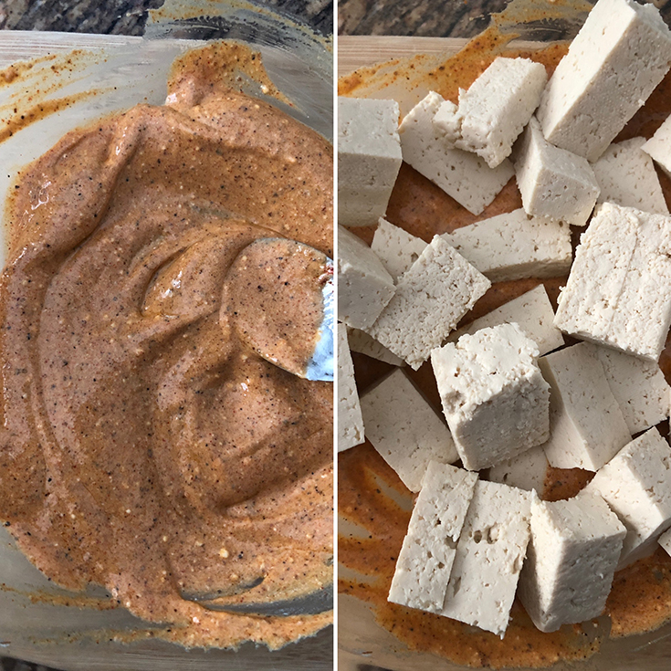 Side by side photos of marinade and cubed tofu