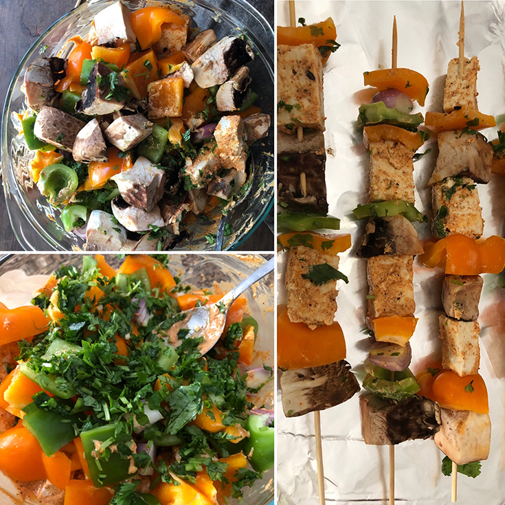 Photos of marinated tofu and veggies and skewered kebabs