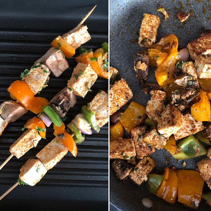 Side by side photos of grilled and sauteed kebabs 