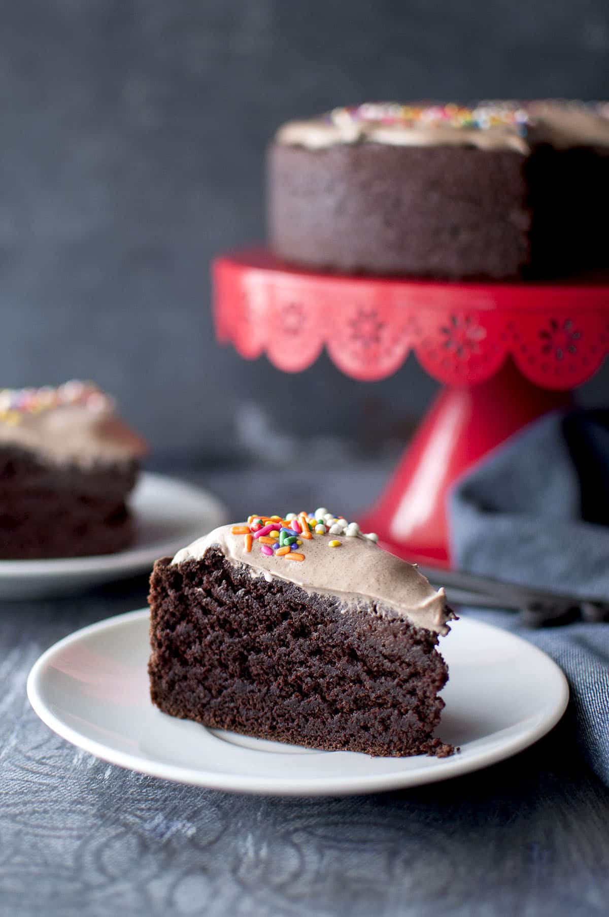 White plate with a slice of chocolate cake