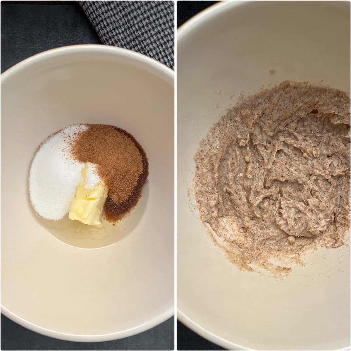 2 panel photo showing the mixing of wet ingredients in a bowl.