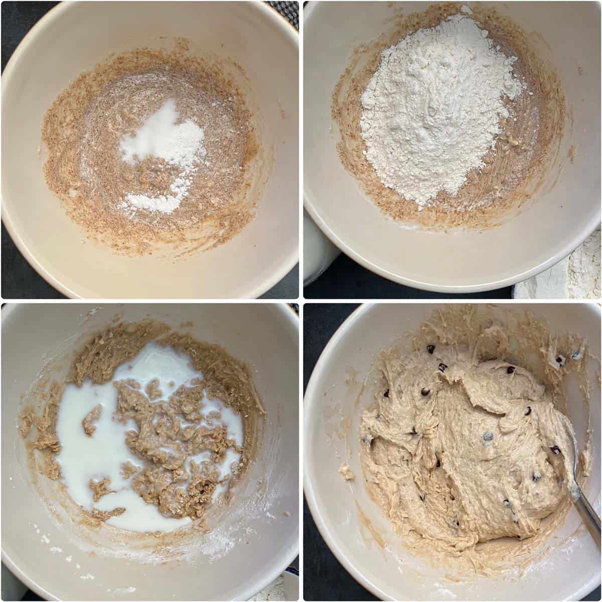 4 panel photo showing the addition of all of the other ingredients to a mixing bowl.