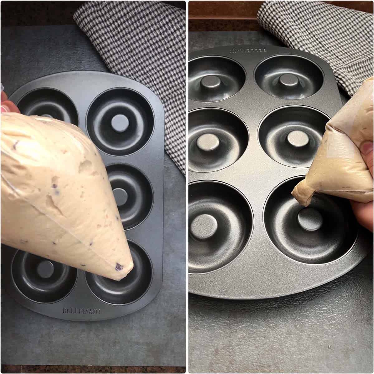2 panel photo showing the piping of batter into a donut pan.