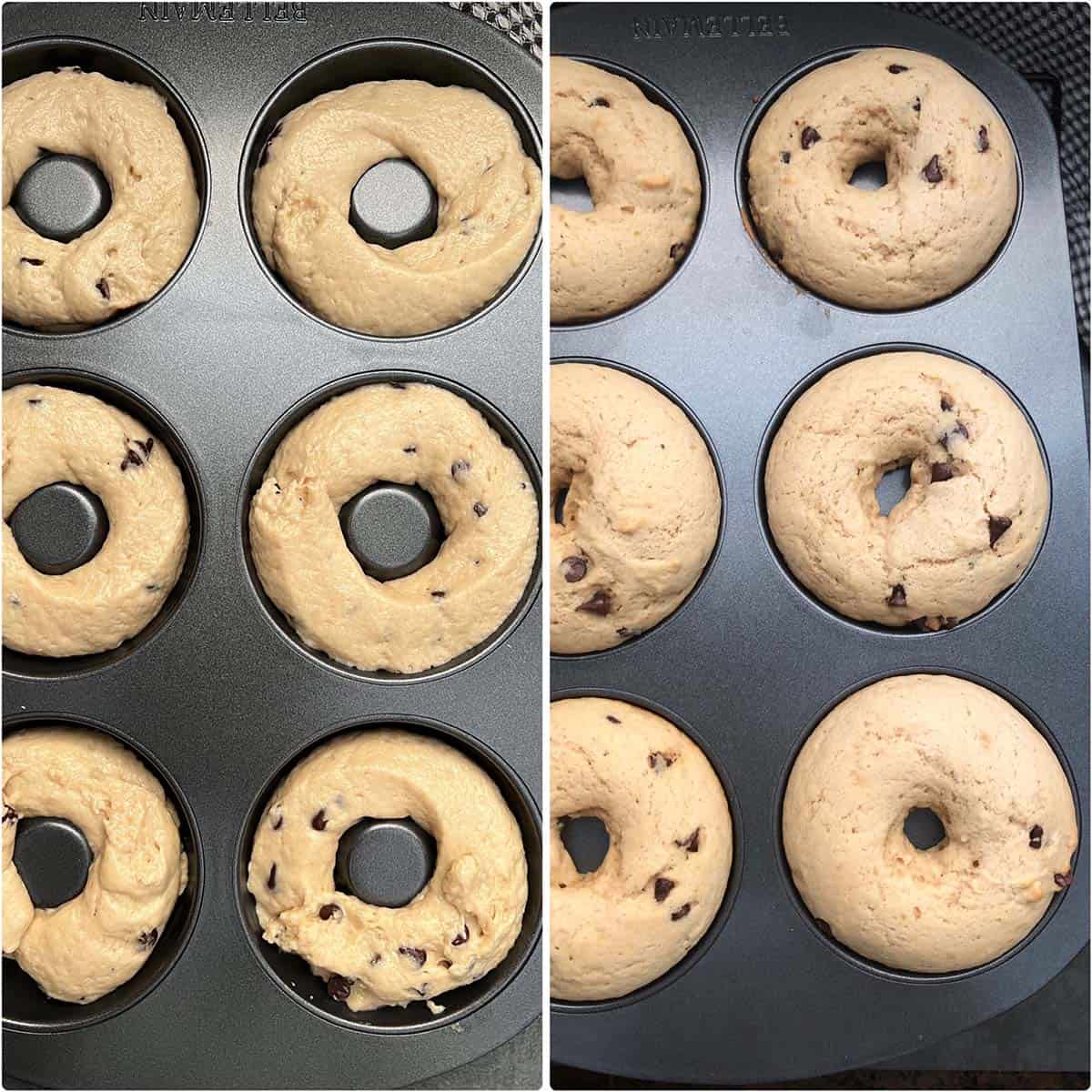 2 panel photo with donuts before and after baking.