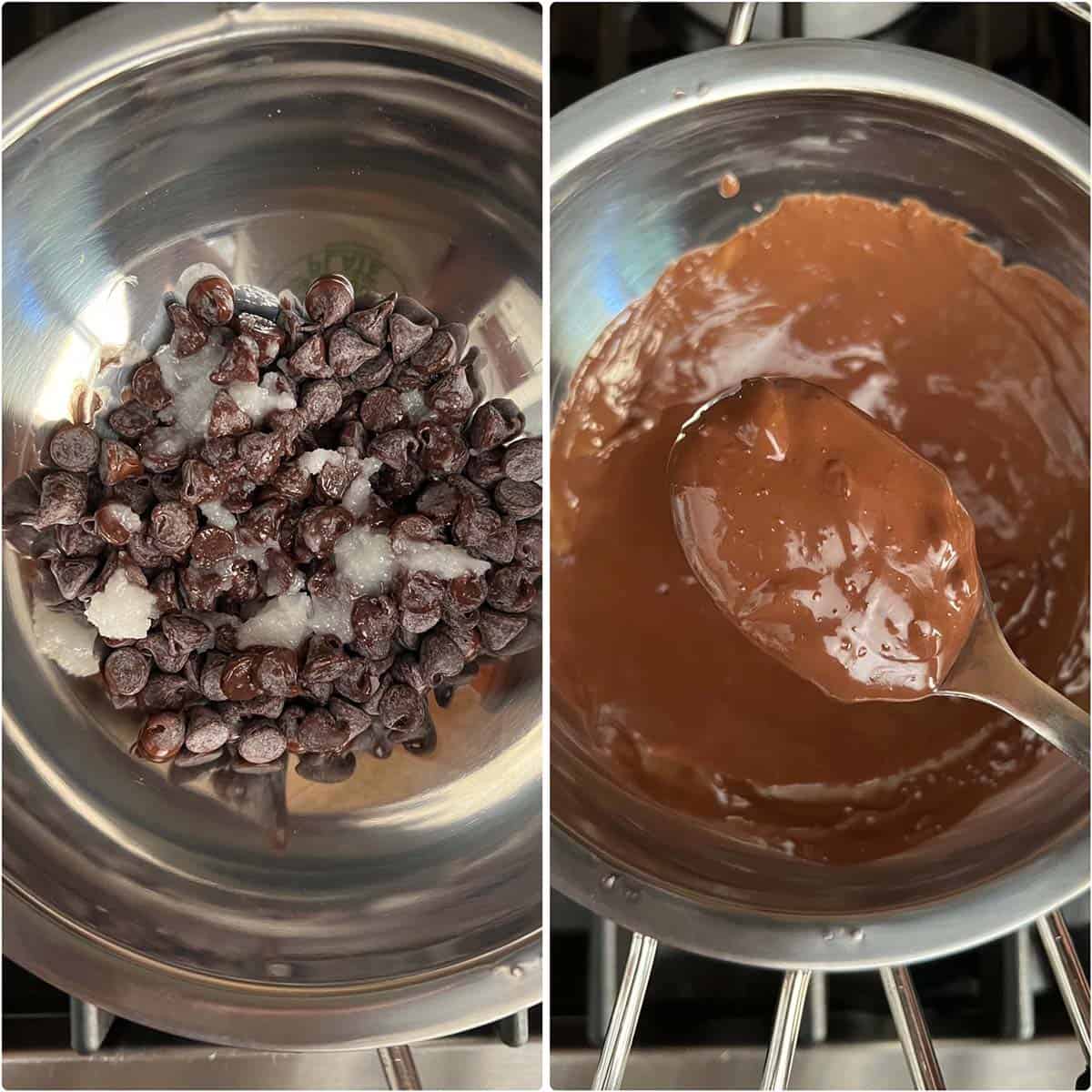 2 panel photo showing the melting of chocolate chips.