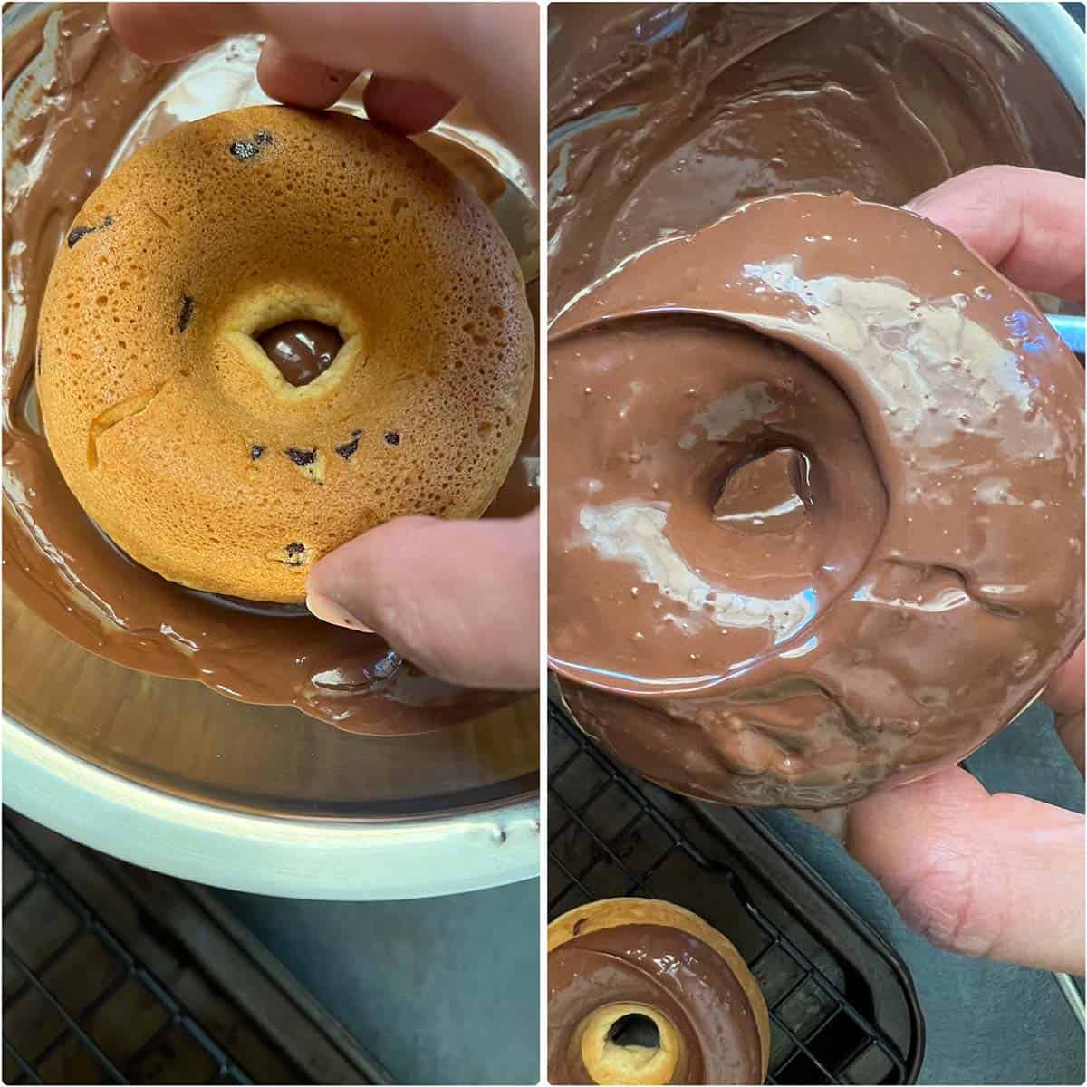 2 panel photo showing the dipping of donuts in chocolate glaze.