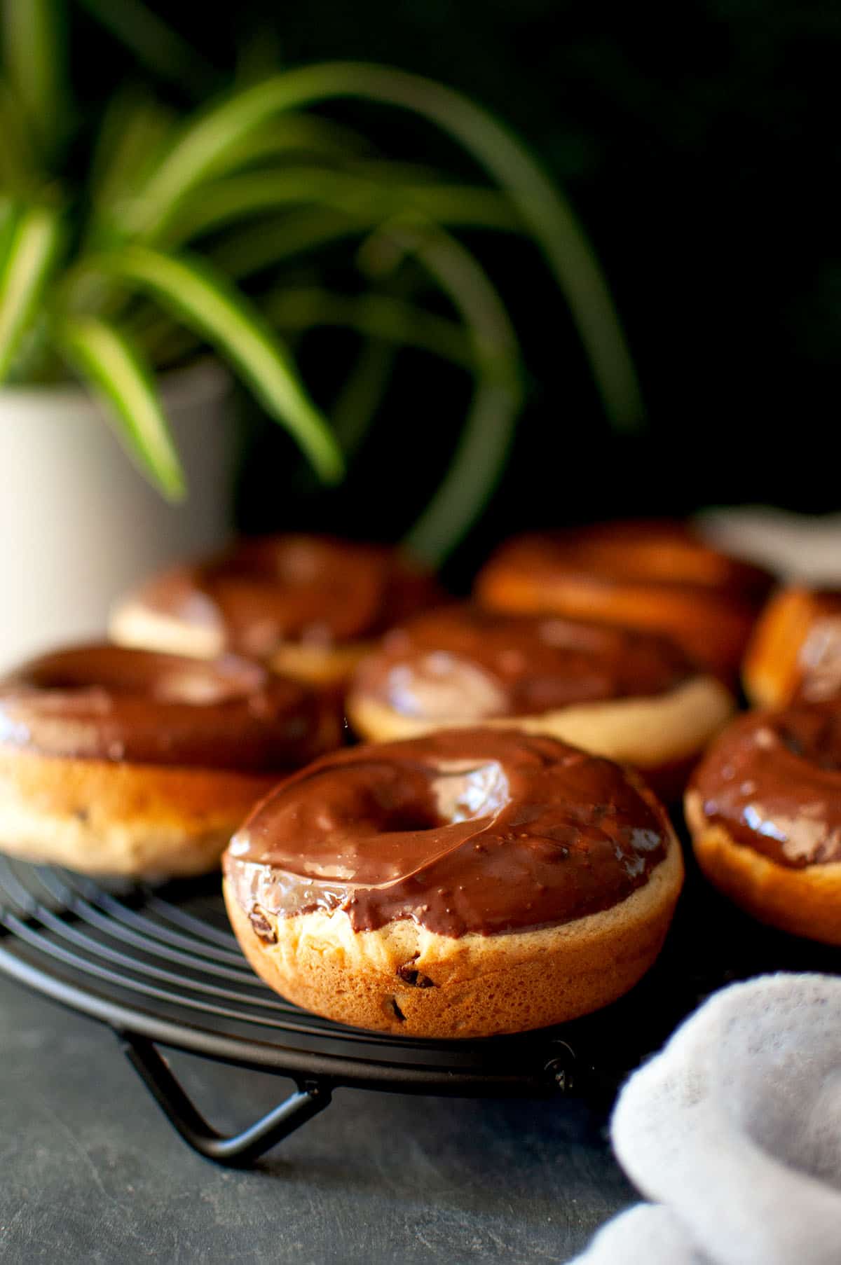 Wire rack with eggless chocolate chip donuts with glaze.