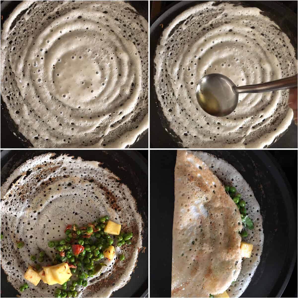 Step by step photos showing the making of savory crepe and filled with paneer