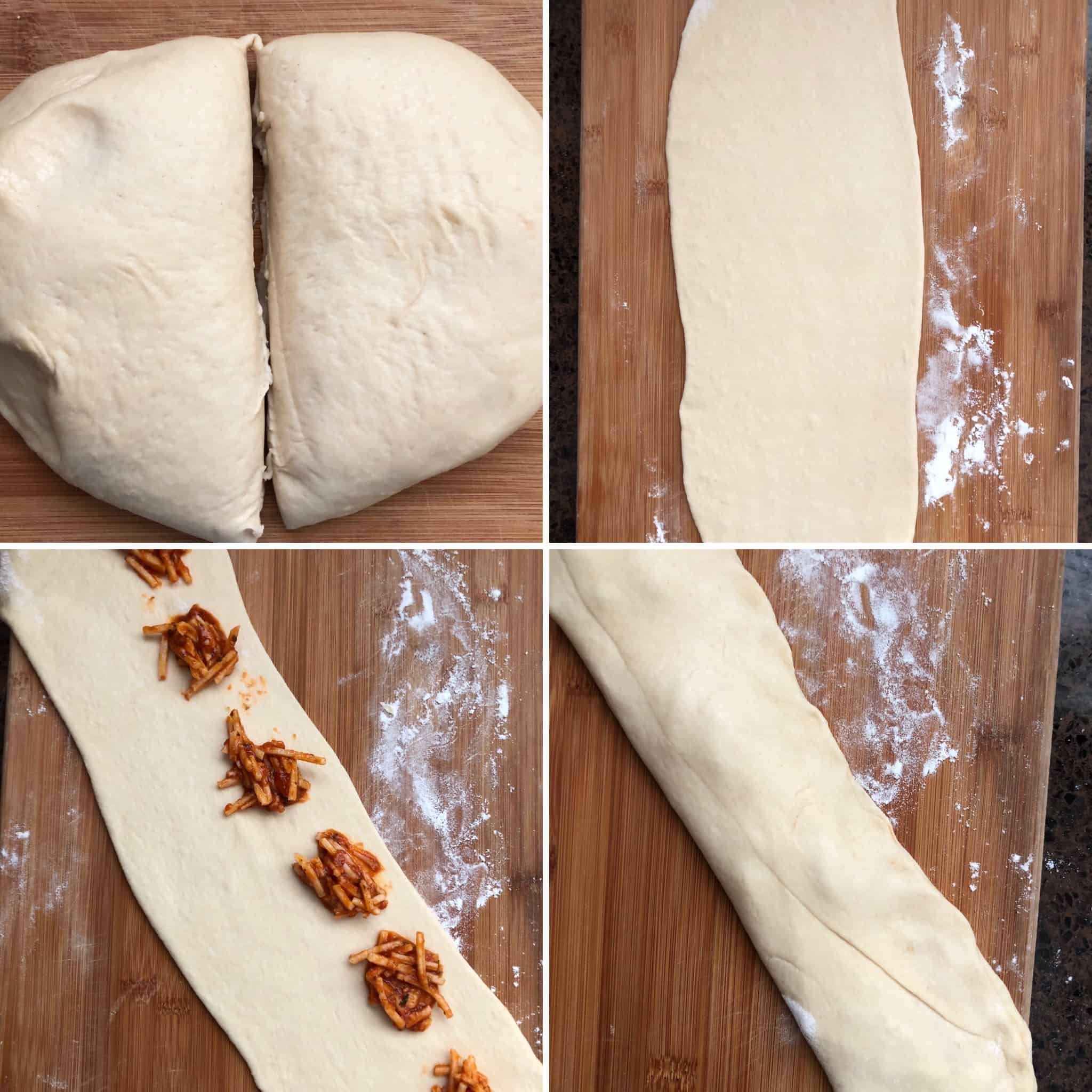 Pizza dough rolled out into a log and topped with cheese filling