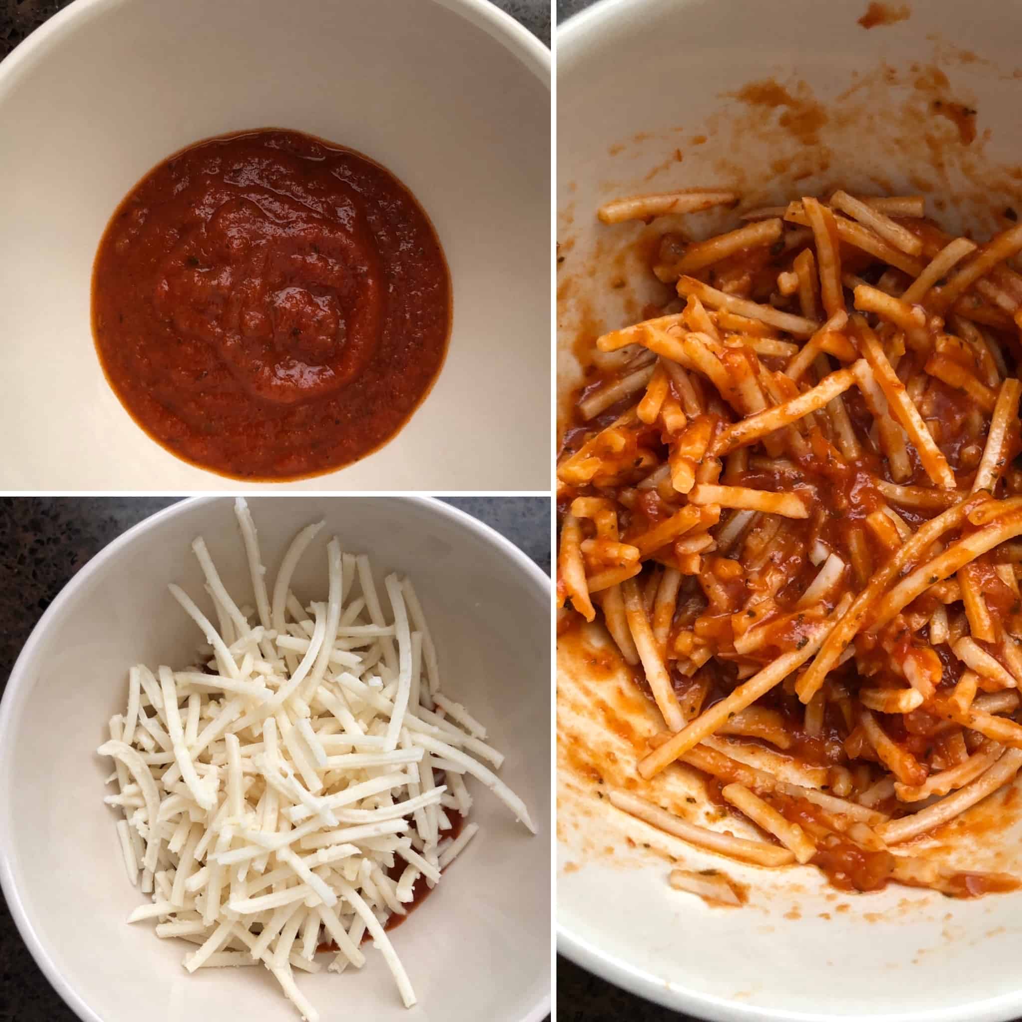 Bowl with Tomato sauce and grated cheese mixed in