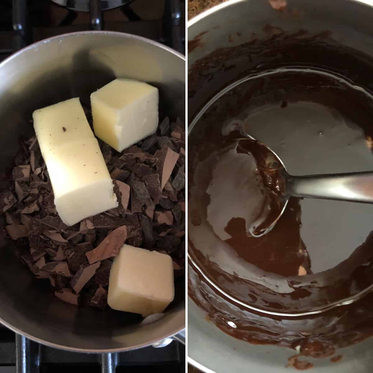 Saucepan with chopped chocolate and butter, heated until melted