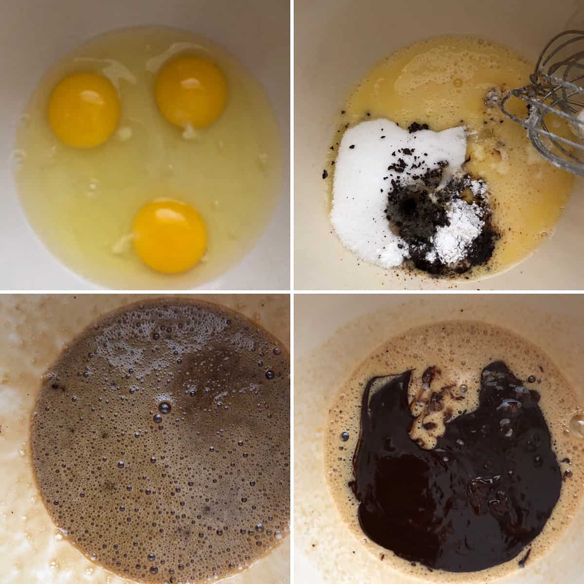 Step by step photos showing mixing wet ingredients to make the crinkle cookies