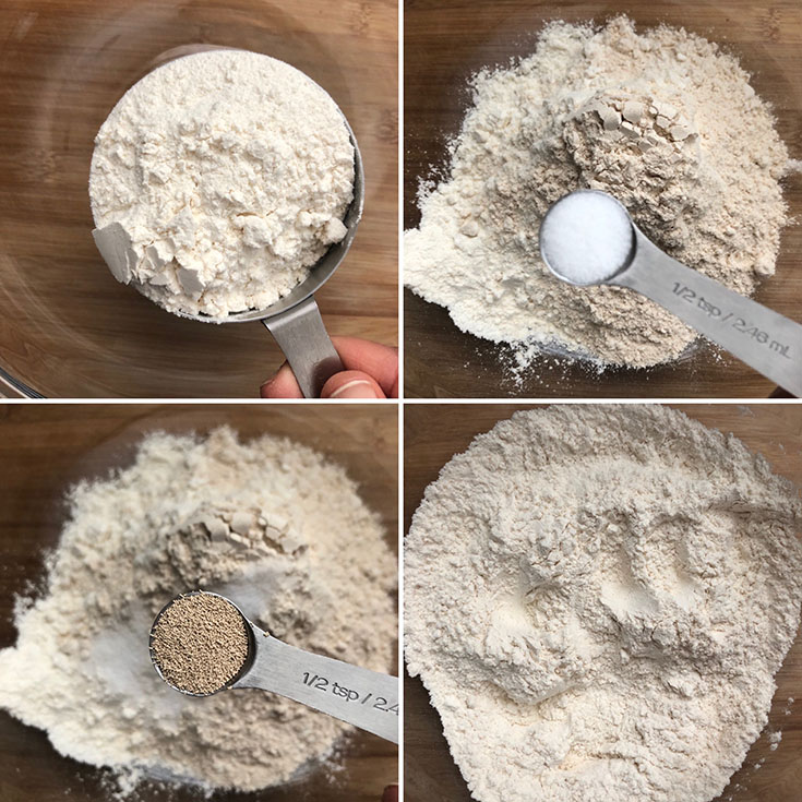 Photos of dry ingredients - flour, salt, instant yeast