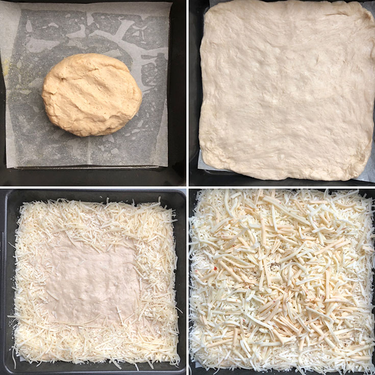 Step by step photos with dough being spread in a square baking pan and sprinkled with grated cheese