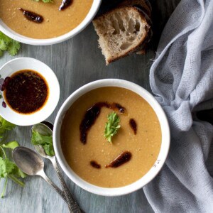 White bowl with lentil stew