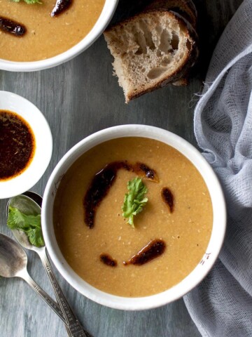 White bowl with lentil stew