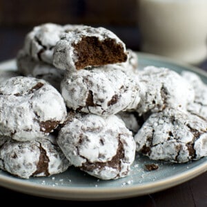 Blue plate with a stack of chocolate cookies