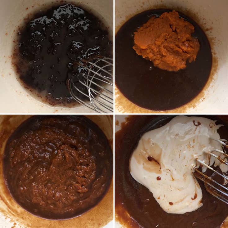Side by side photos showing the mixing of wet ingredients